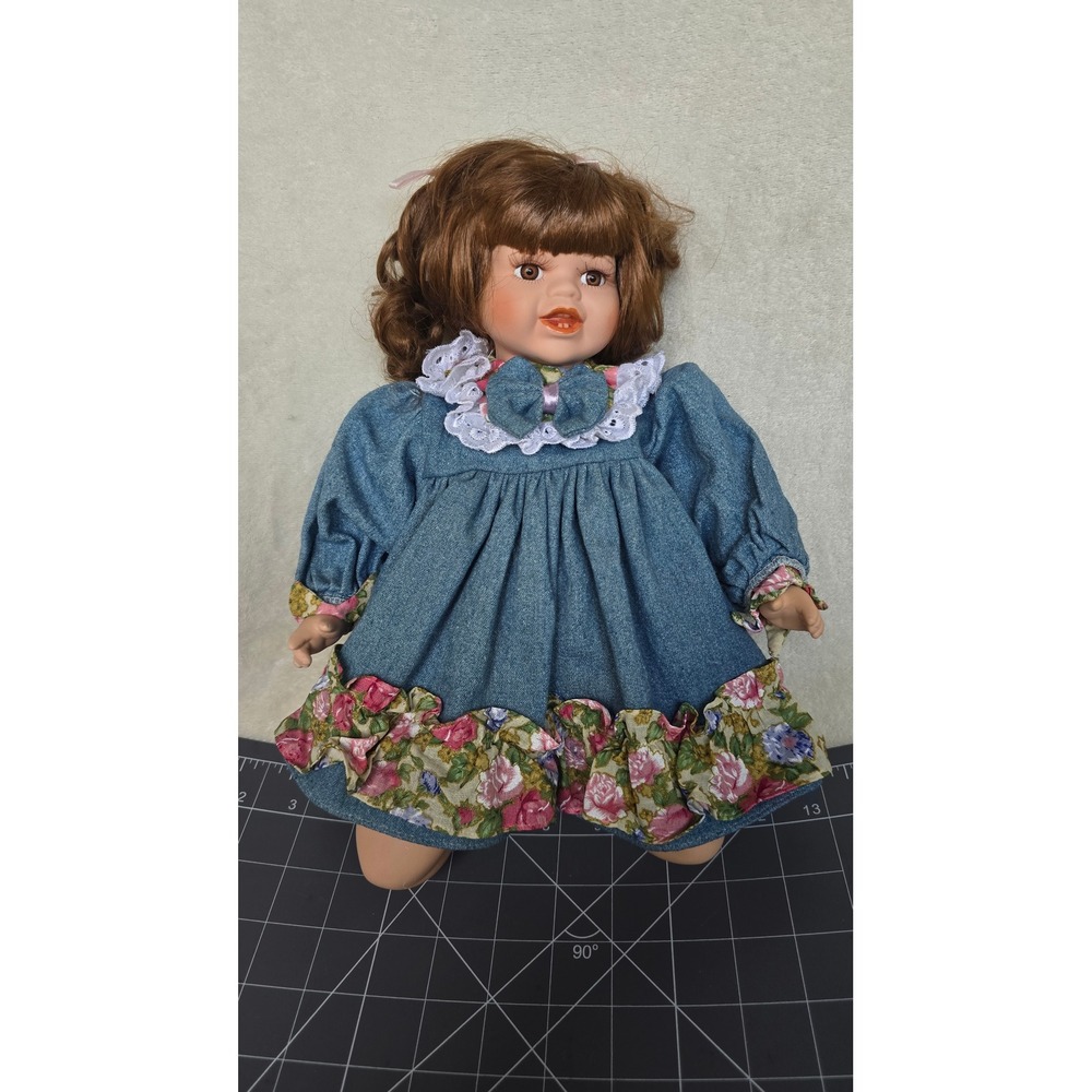 Vintage Porcelain Collector Doll Denim Floral Dress Auburn Ringlets 12 Inch
